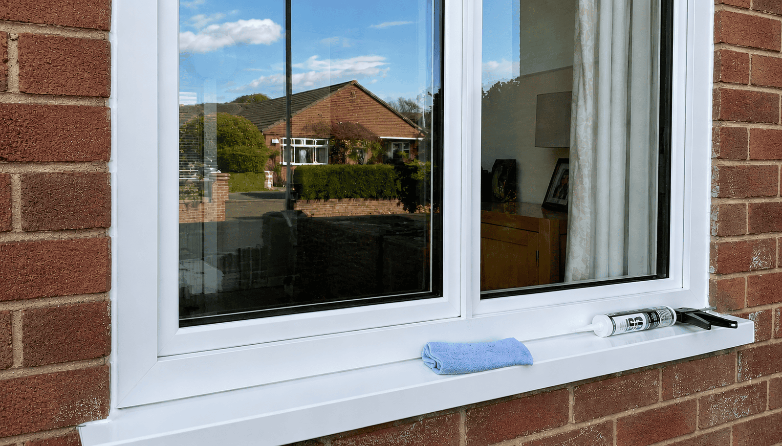 Glass Repairs in Ely showing a repaired white uPVC window with silicone sealant and cleaning cloth.