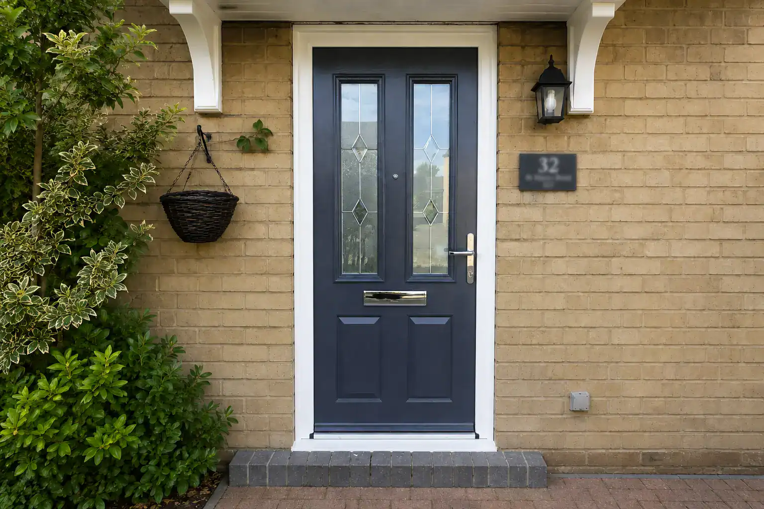 French Navy Composite Doors in Ely – French navy composite front door fitted to a brick home with decorative glazing and chrome hardware.
